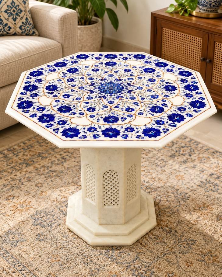 24-Inch Octagonal Blue Floral Rosette Marble Inlay Table Top