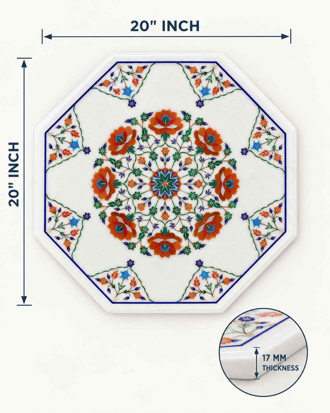 Handmade Octagonal Marble Inlay Side & Coffee Table 20 x 20 Inch with Marble or Wooden Stand