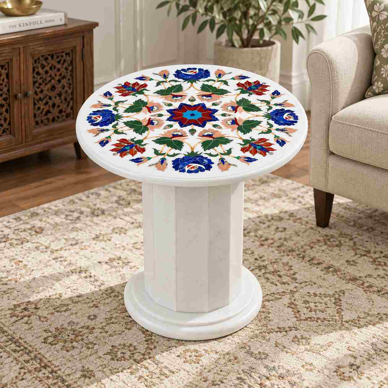 24 Inch Round Marble Inlay Coffee Table Top with Stand | Handmade White Marble Pietra Dura Table | Agra Marble Art