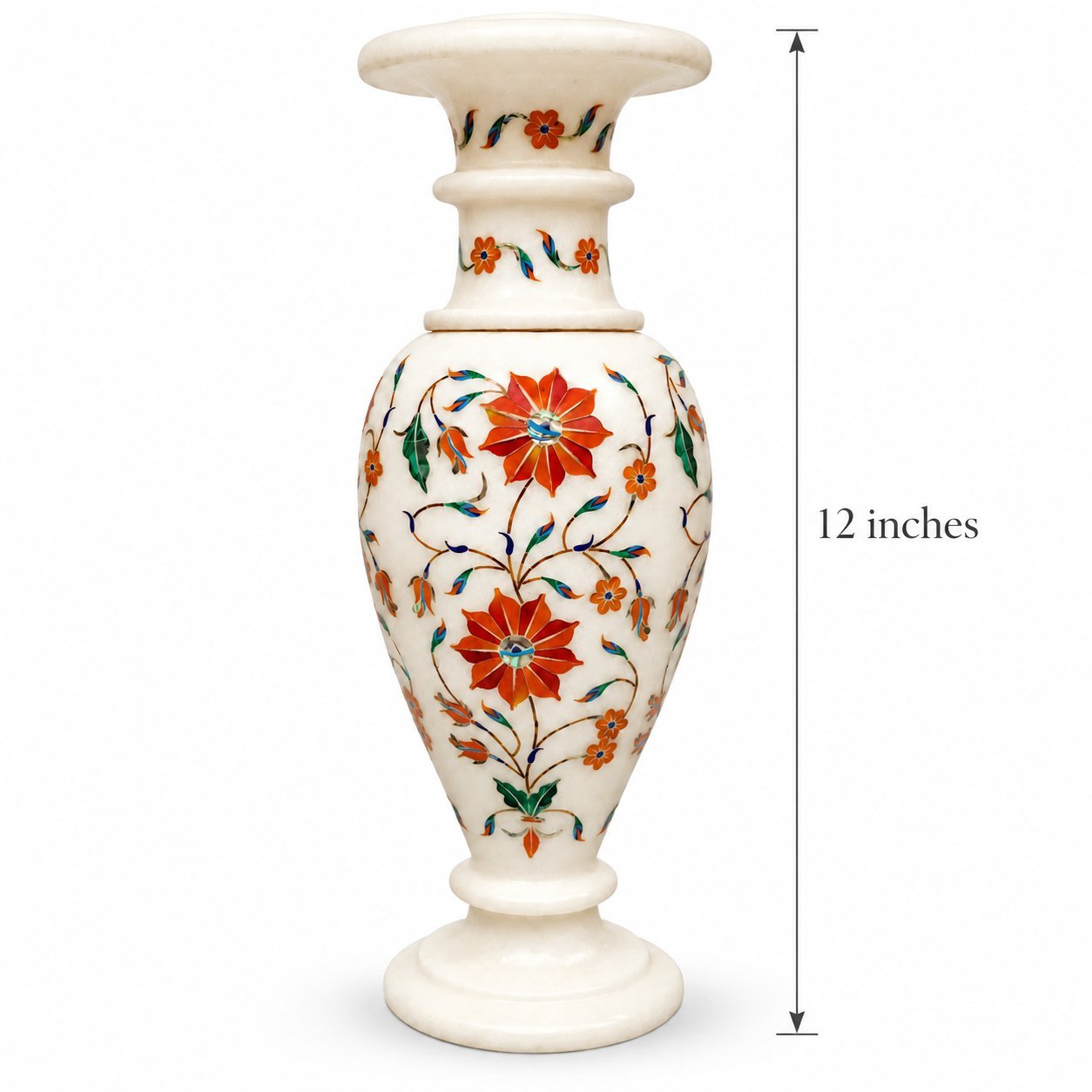 12-Inch Floral Marble Inlay Vase with Carnelian & Malachite