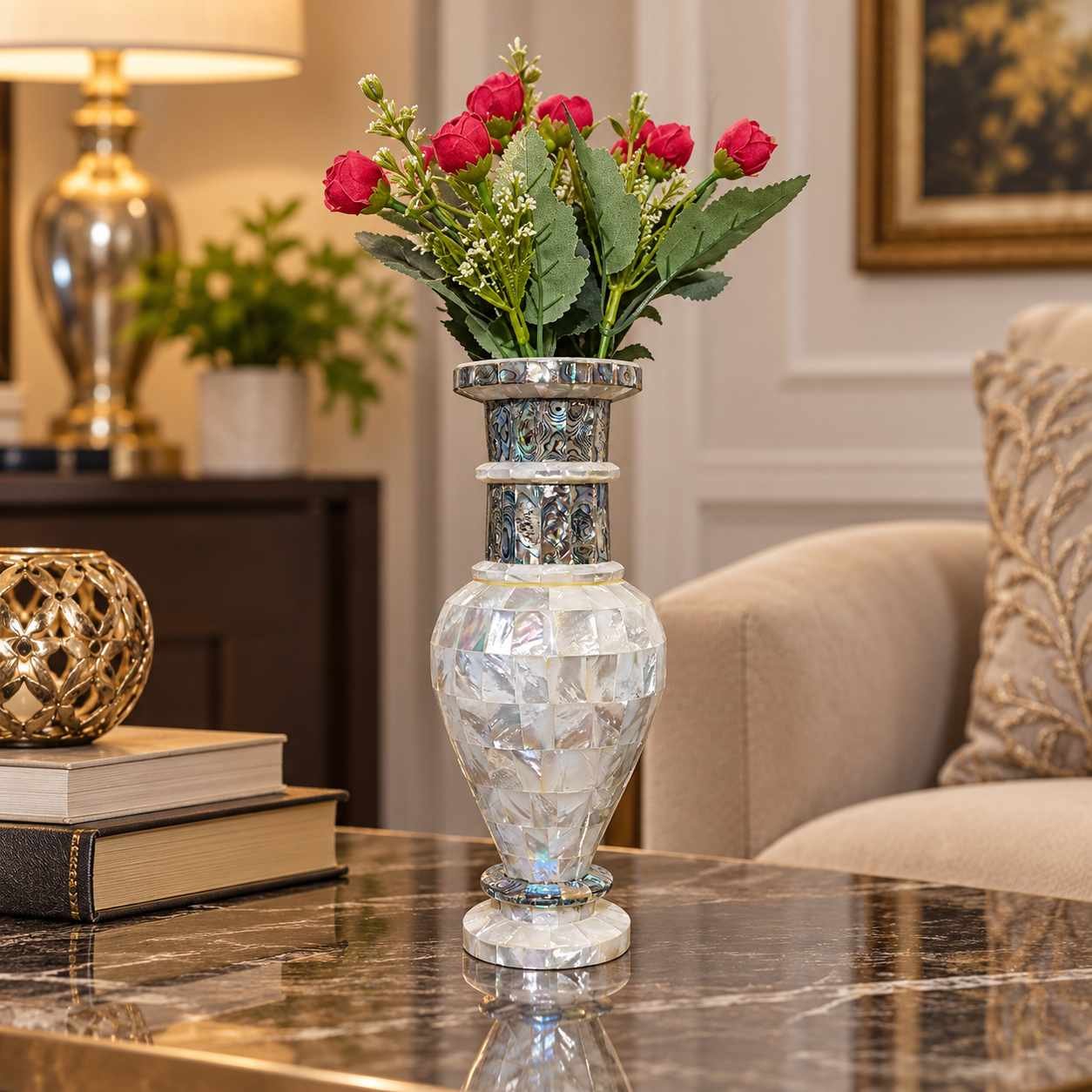 10 Inch Mother of Pearl Marble Inlay Vase