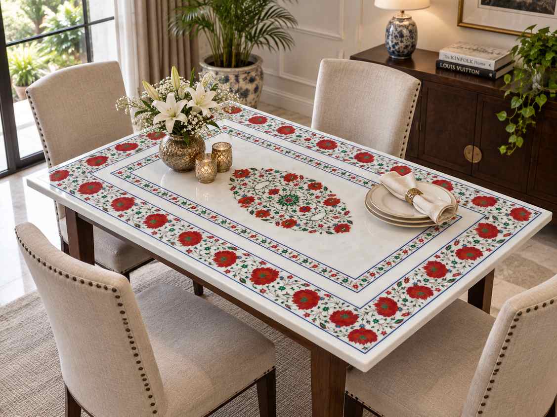 2.5X4 feet Rectangle White Marble Inlay Dining Table