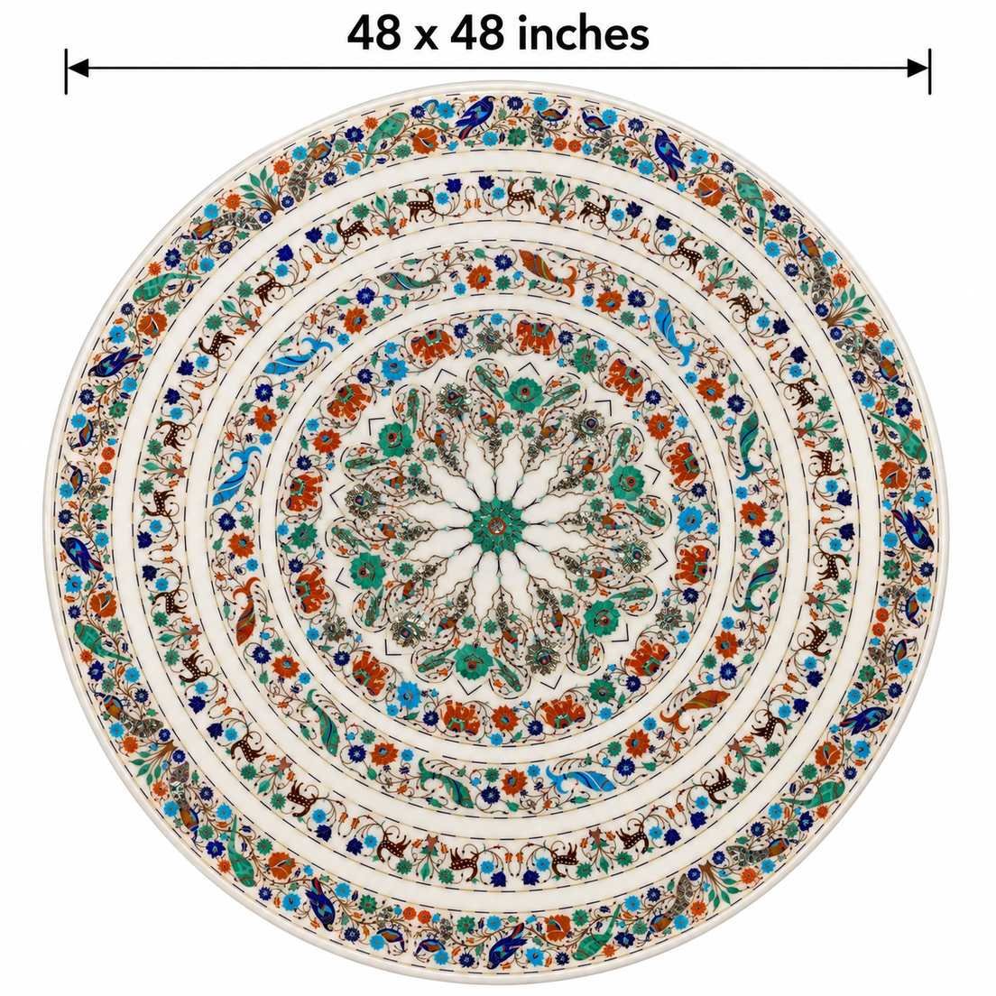 Antique Round White Marble Inlay Table Top with elegant flower, birds, fish & animal designs