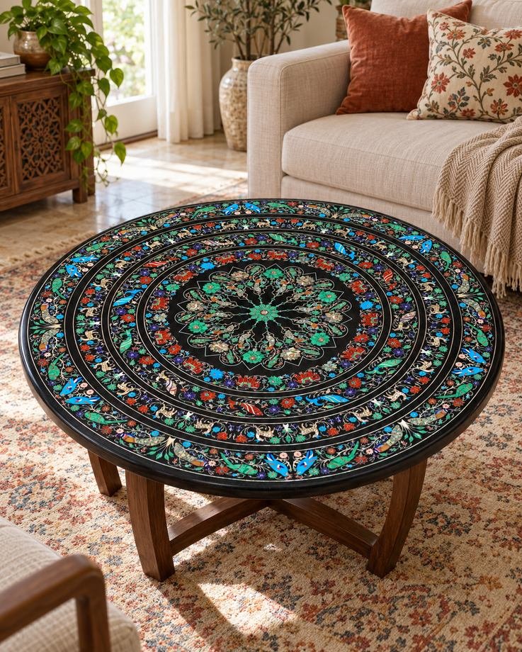 48-Inch Elephant & Bird Pietra Dura Marble Inlay Table Top