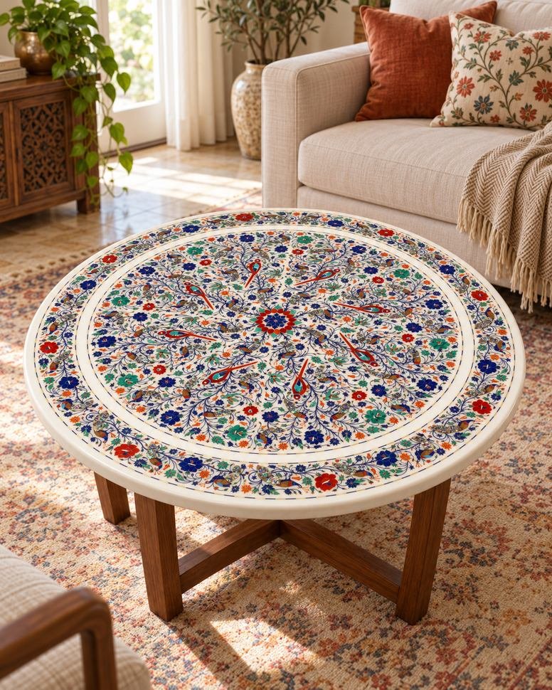 44-Inch Parrot & Peacock Marble Inlay Dining Table Top