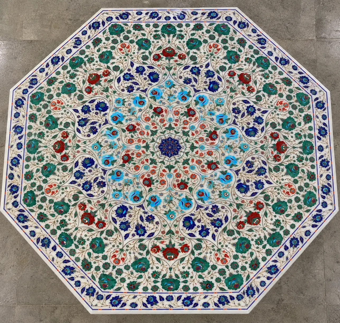 5X5 feet Luxury Octagon White Marble Inlay Dining Table Best Master Piece with Elegant Rose Flower Design