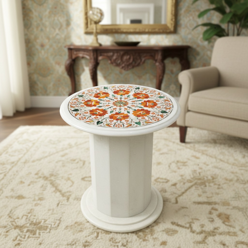16 Inch Round Marble Inlay End Table – Handmade Side Table for Small Spaces