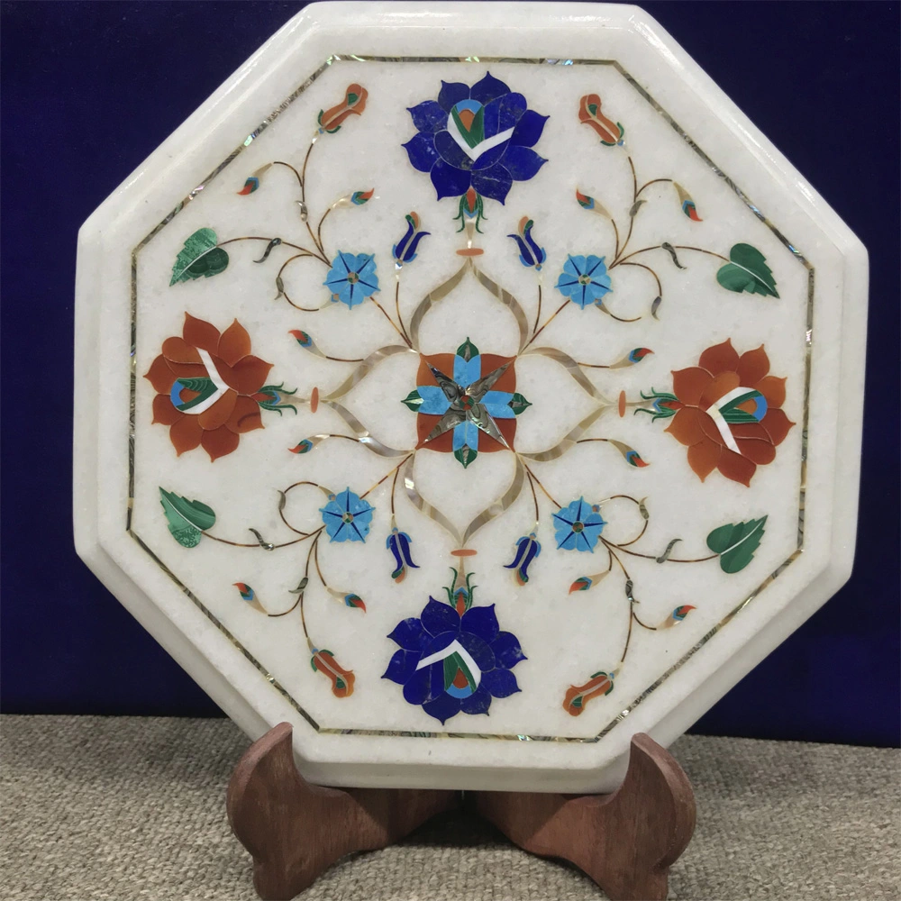 Handcrafted Marble Inlay Side Table With Elegant Floral Design