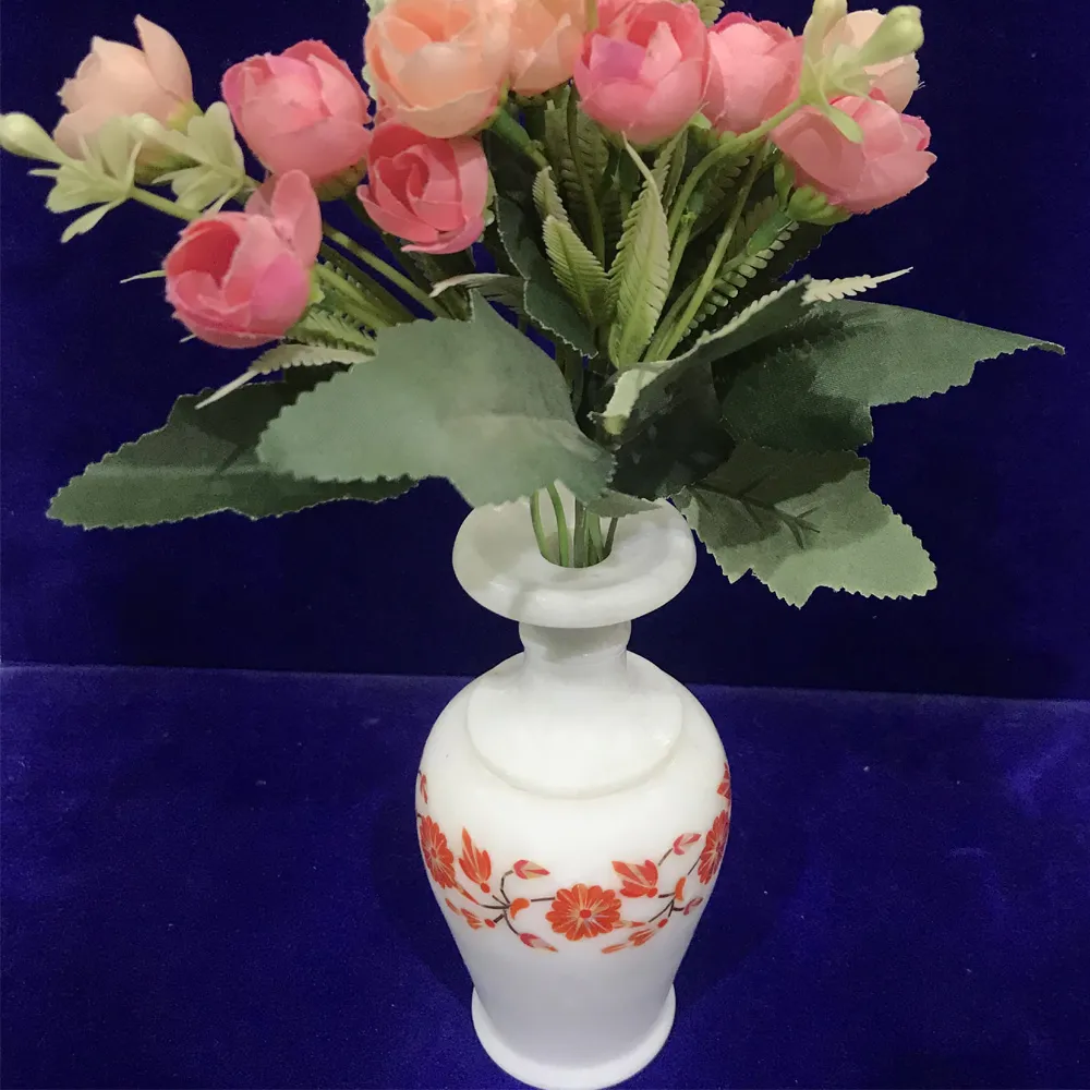 Elegant Marble Inlay Vase with Intricate Floral Design