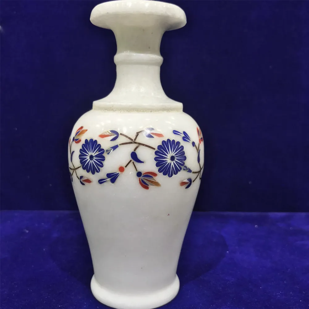 Elegant White Marble Inlay Vase with Blue Lapis Floral Design