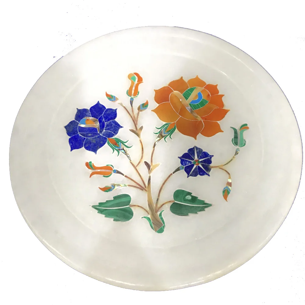 Marble Plate With All Multi-Color Semi-Precious Stone Inlay close detail