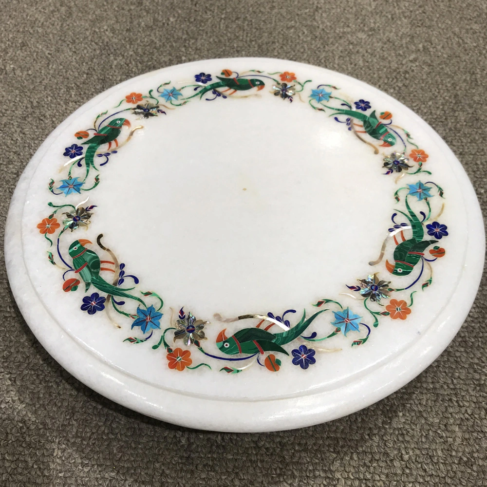 Elegant Round White Marble Side Table with Inlaid Floral Design