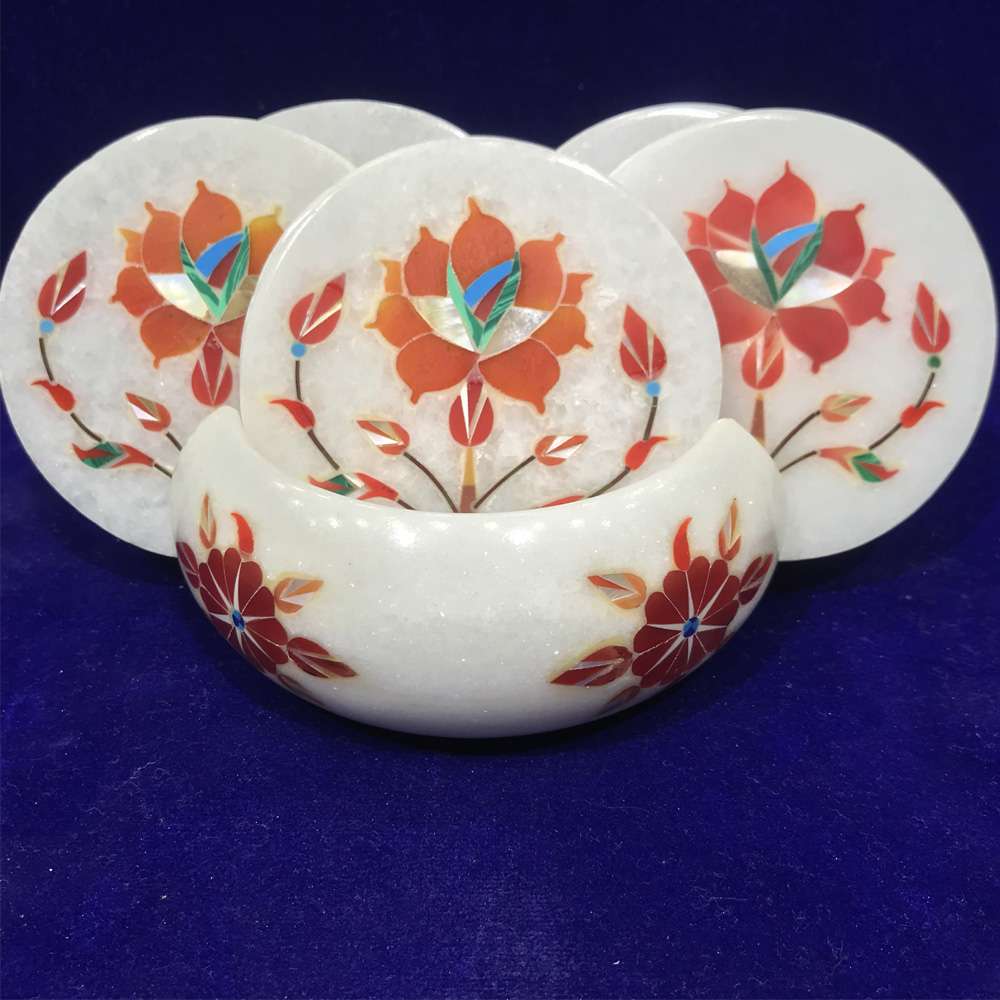 Handcrafted Marble Inlay Coaster With Floral Inlay close detail