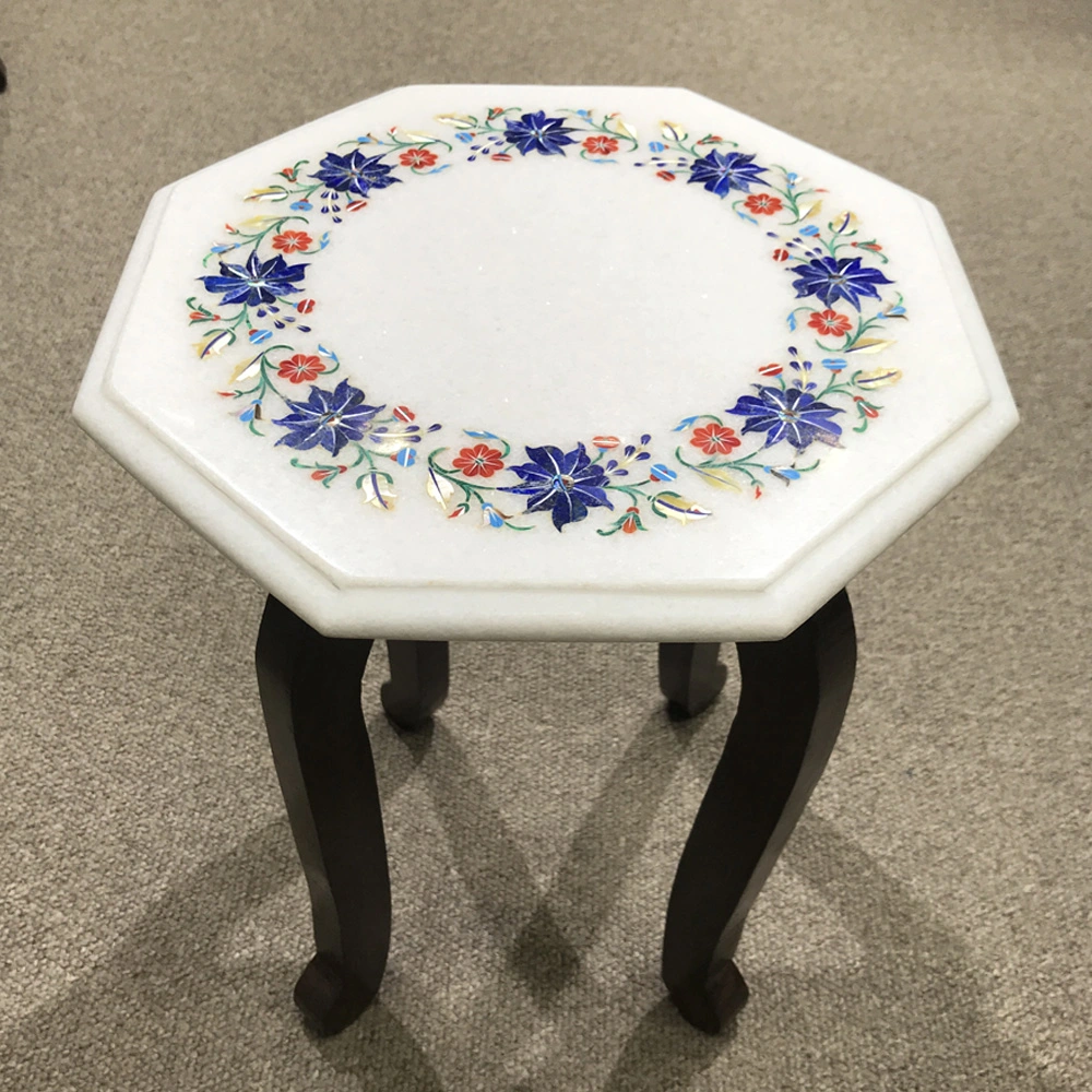 Exquisite Octagonal Marble Inlay Side Table with Floral Design