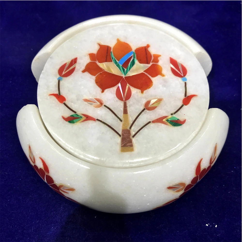 Handcrafted Marble Inlay Coaster With Floral Inlay alternate view