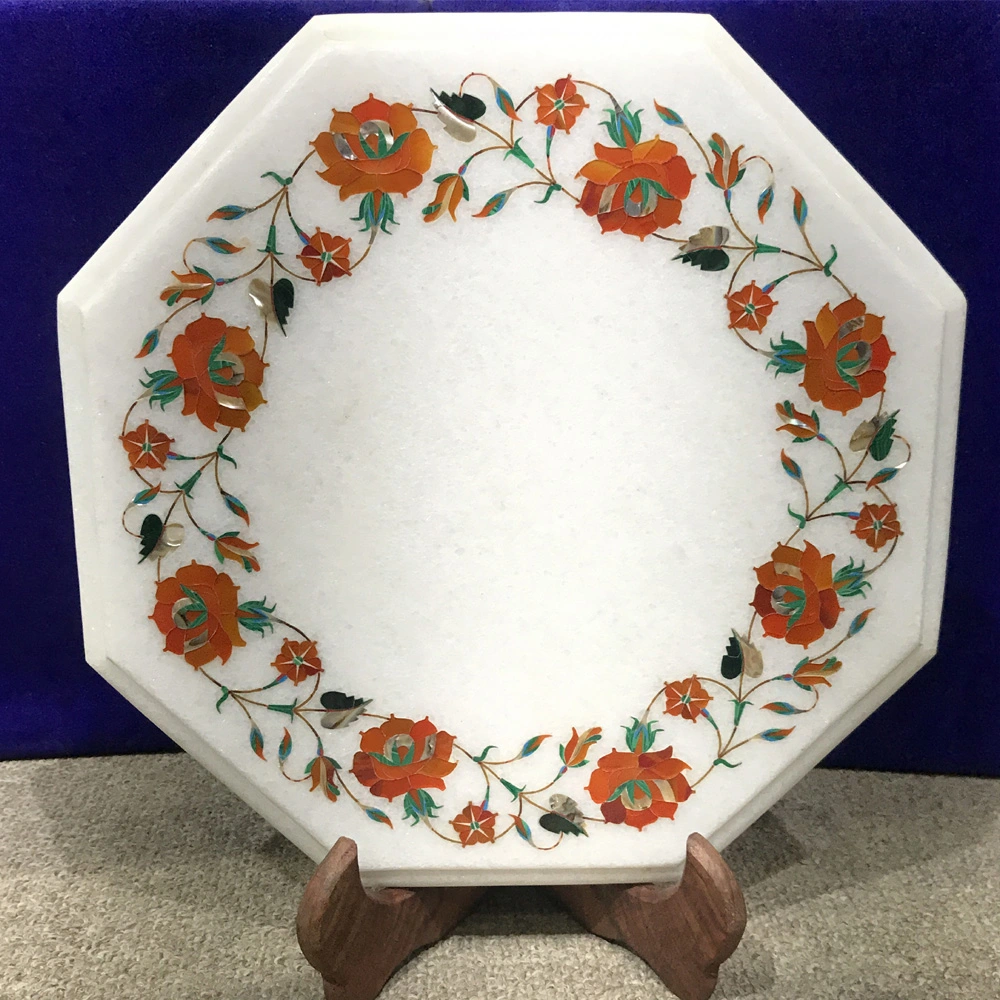 Exquisite Handcrafted Marble Inlay Table with Floral Design