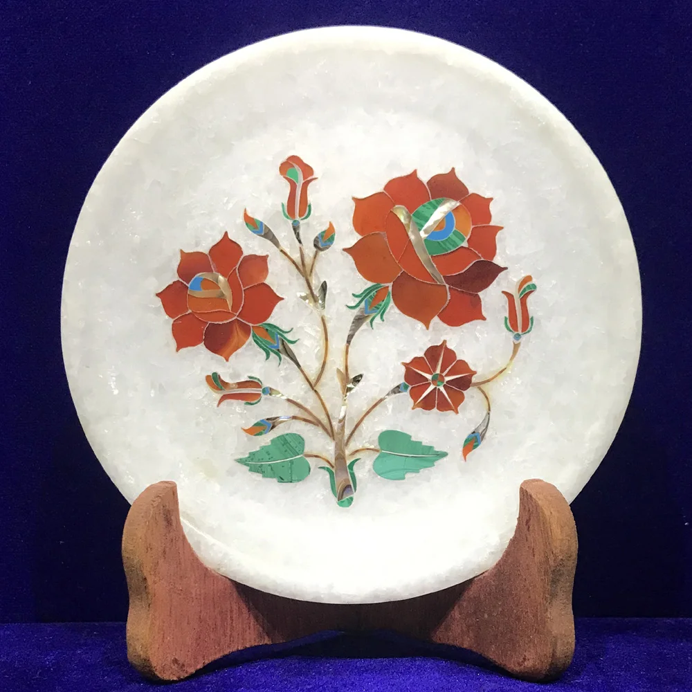 Exquisite Marble Inlay Plate with Carnelian Stone close detail