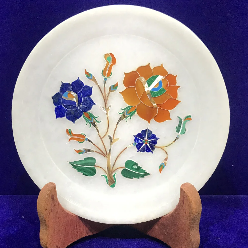 Marble Plate With All Multi-Color Semi-Precious Stone Inlay alternate view