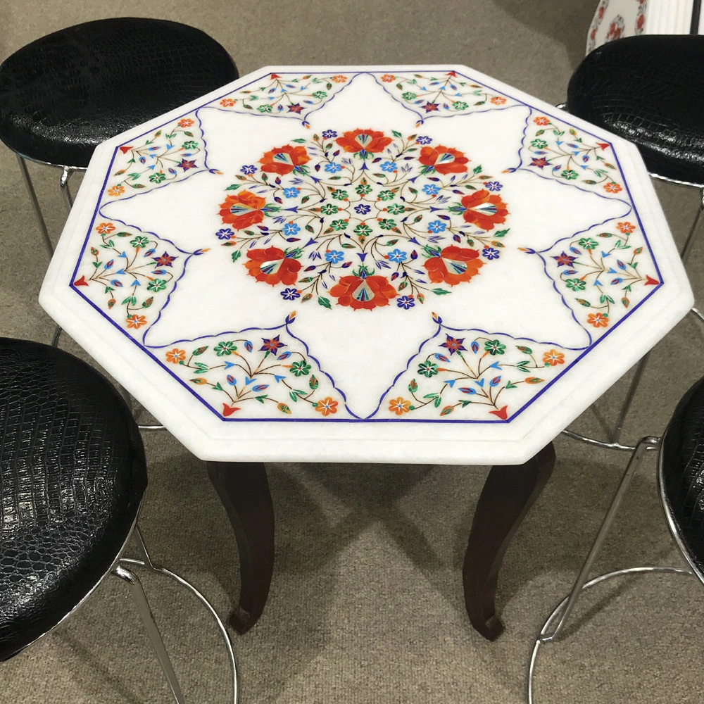Exquisite Octagonal Marble Inlay Coffee Table with Vibrant Floral Design