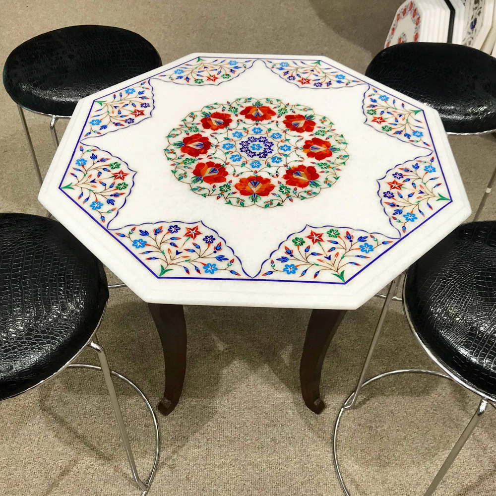 Modern Design Marble Inlay Coffee Table with Wooden Stand