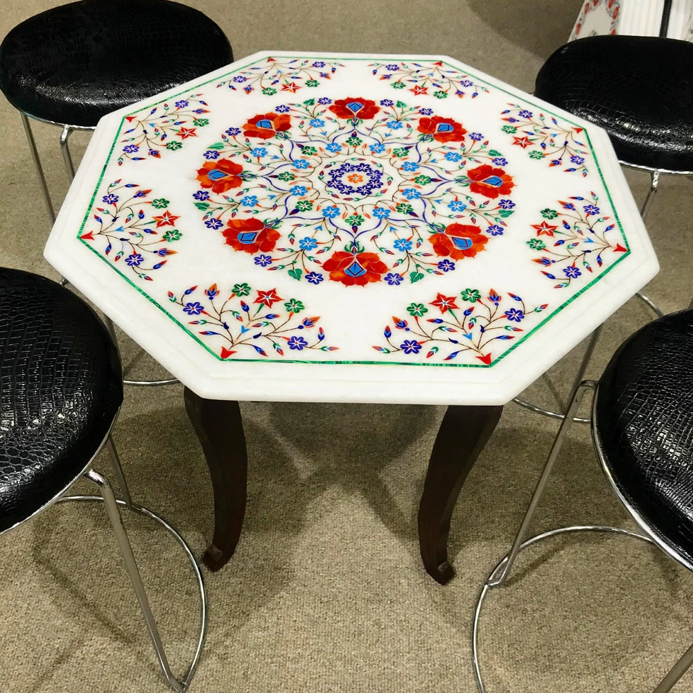 Elegant Marble Inlay Coffee Table with Wooden Stand
