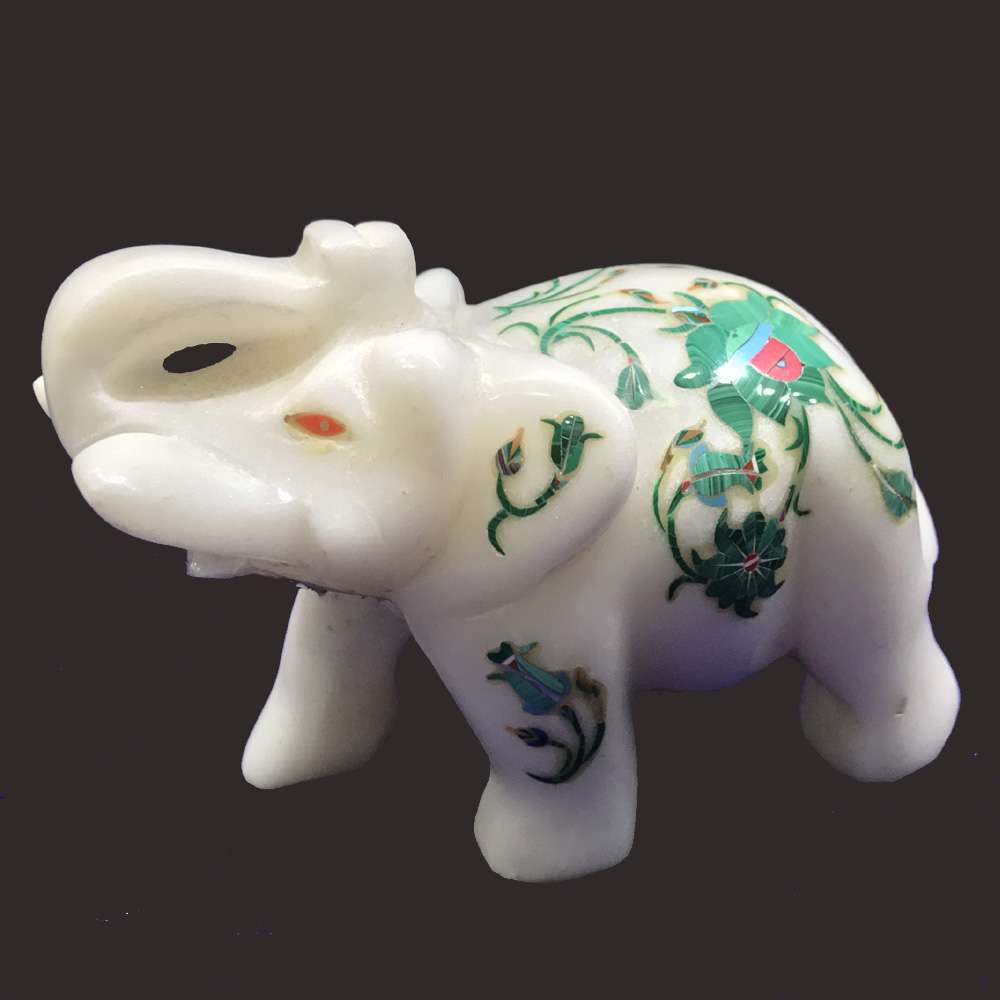 Marble Inlay Elephant Figurine – Trunk Up