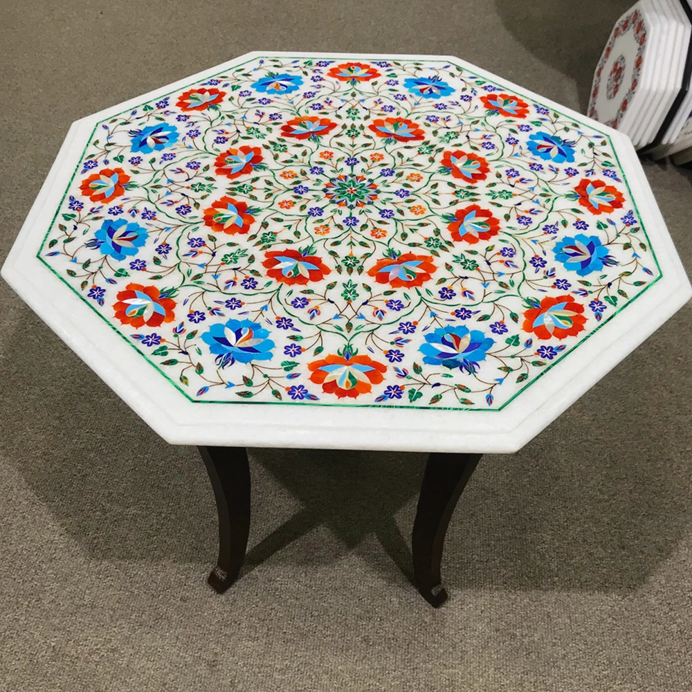 Exquisite Handcrafted Octagonal Marble Inlay Coffee Table with Floral Design