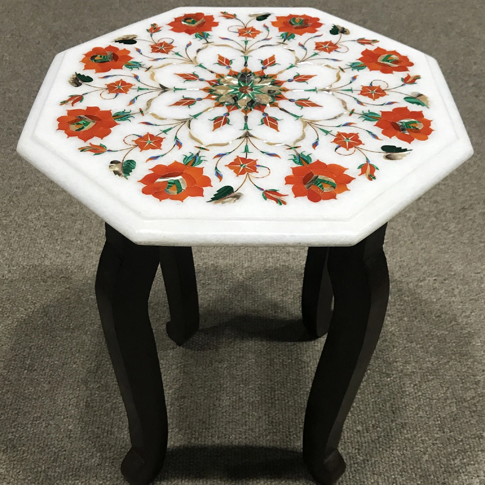 Octagonal Marble Inlay Side Table with Vibrant Floral Pattern