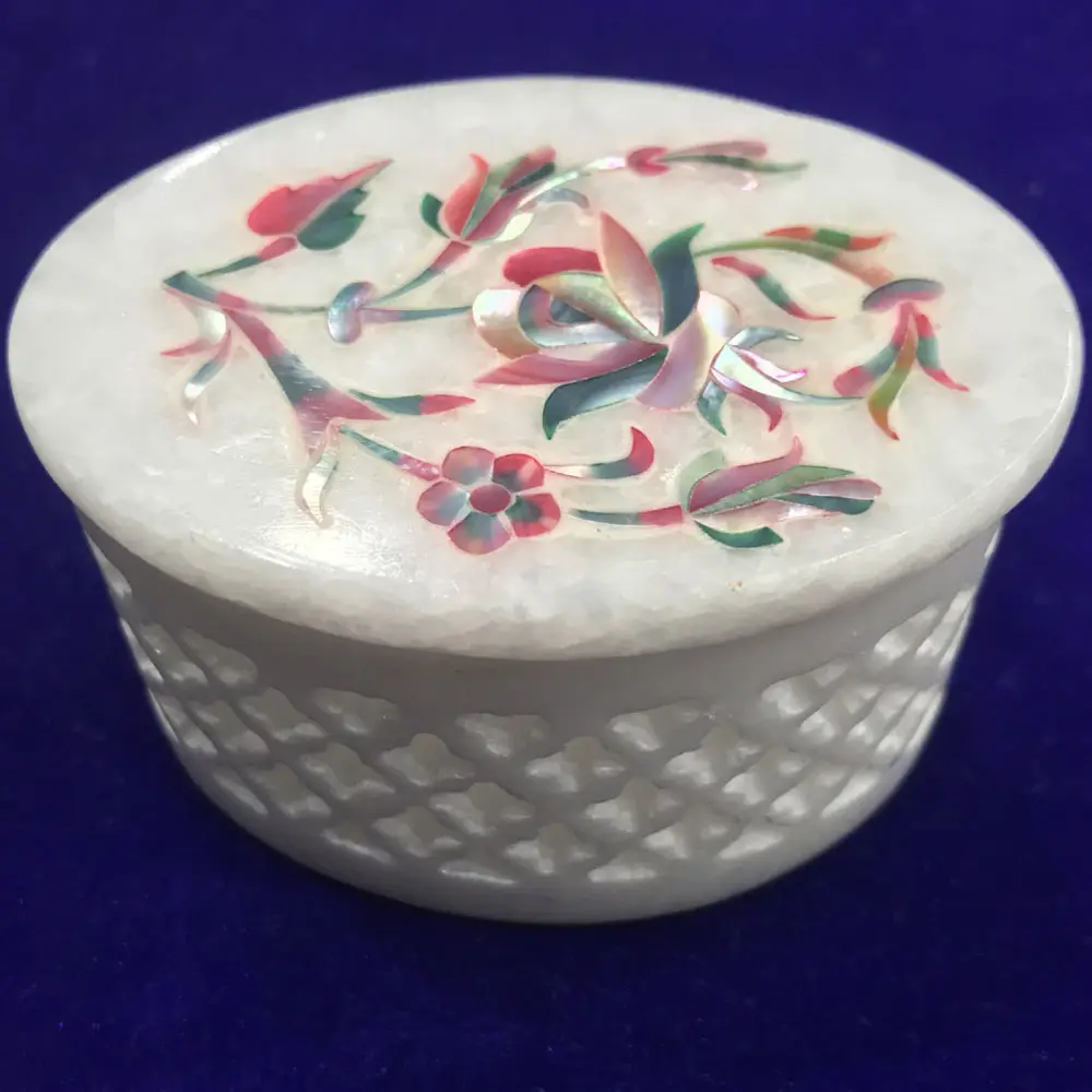 White Marble Oval Jewelry Box with Mop Inlay alternate view