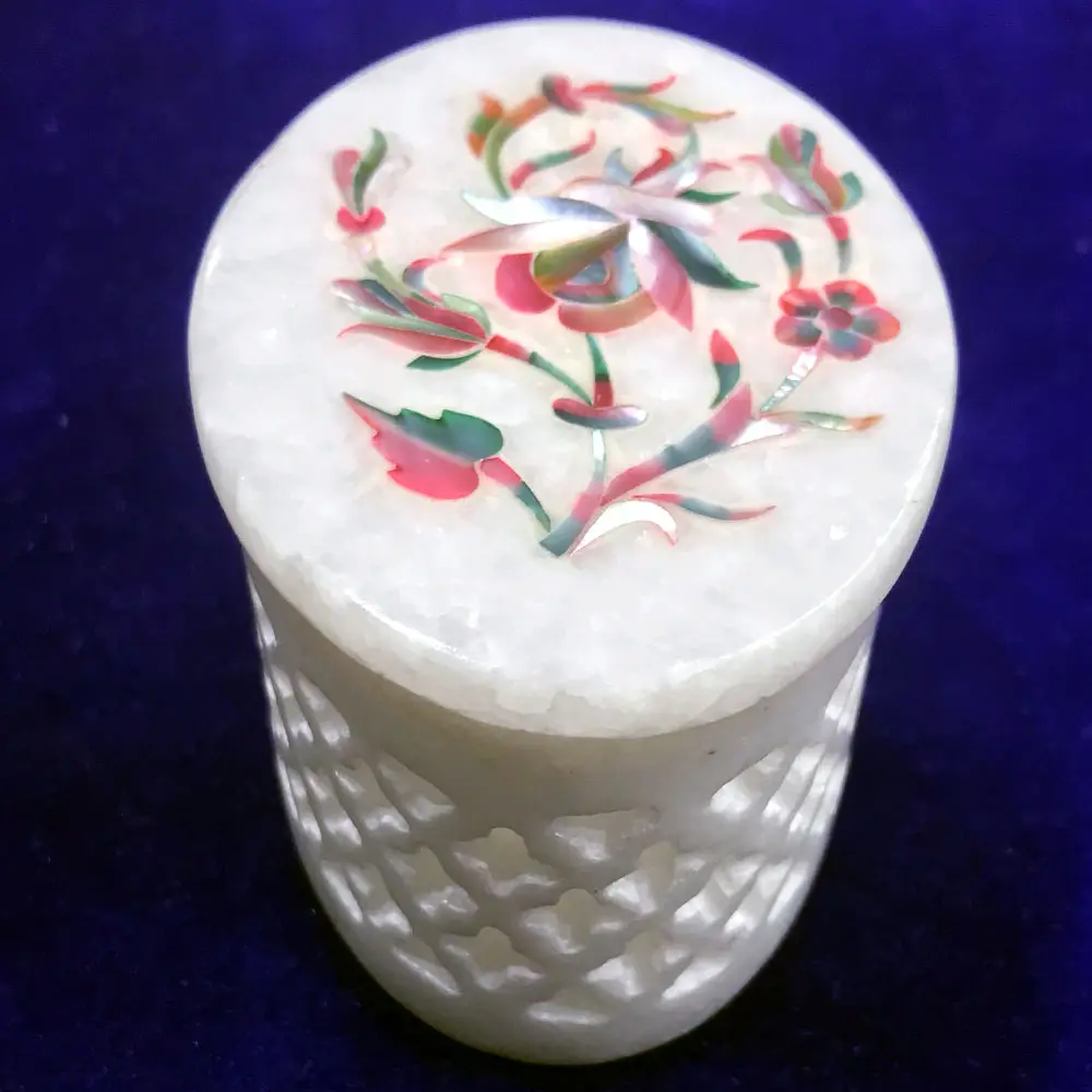 White Marble Oval Jewelry Box with Mop Inlay