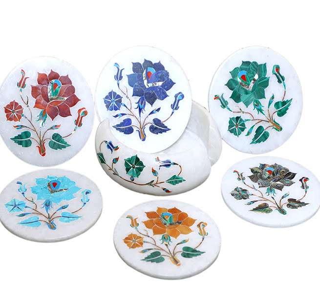 Elegant Marble Inlay Coasters – Handcrafted Luxury for Your Table close detail