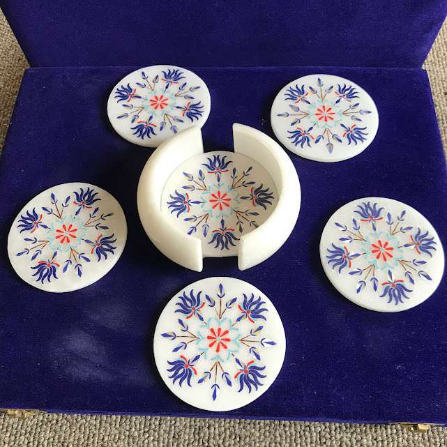 Set of Six Marble Inlay Coaster for Tea & Soft Drinks close detail