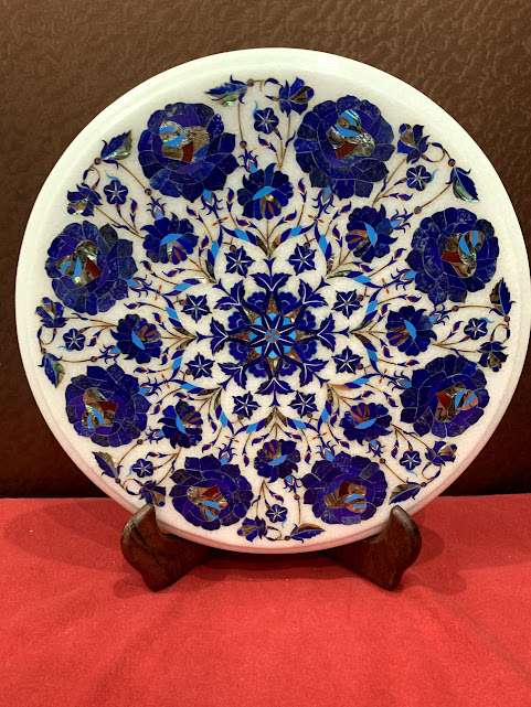 Inlaid Lapis Lazuli Round White Marble Side Table Top India
