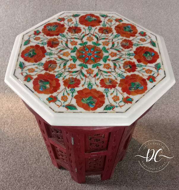 Exquisite Handcrafted Marble Inlay Side Table – Elevate Your Home’s Elegance