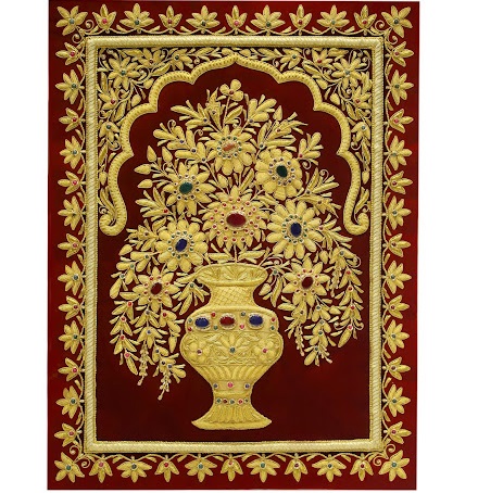 Dark Reddish Velvet Zari Wall Hanging Jewel Embroidery Carpet