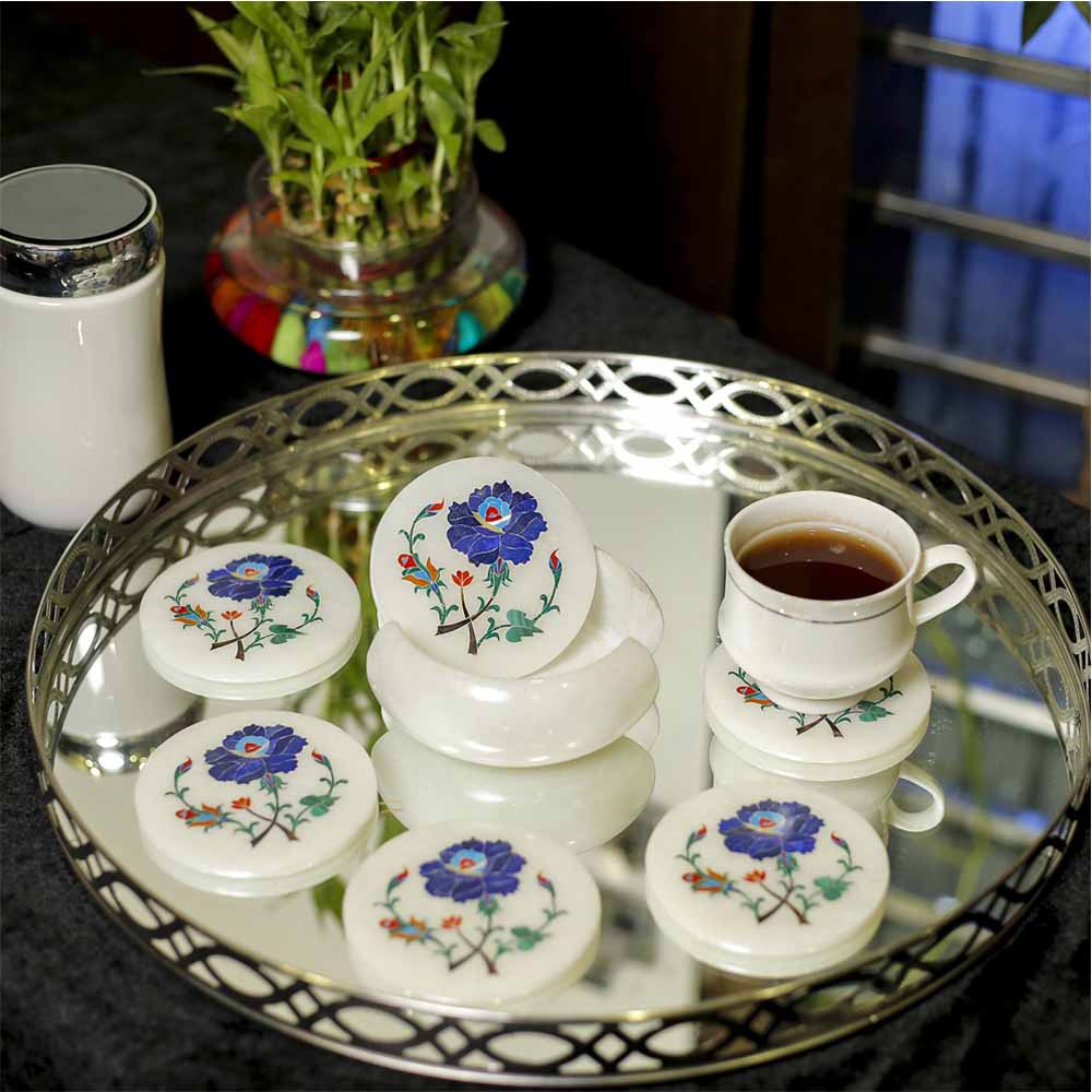 Marble Inlay Coasters Set – Handcrafted Stone Drink Coaster close detail