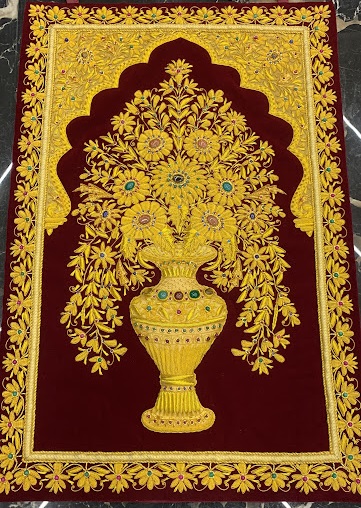3X2 Feet Zardozi Handmade Wall Carpet with real Gemstone