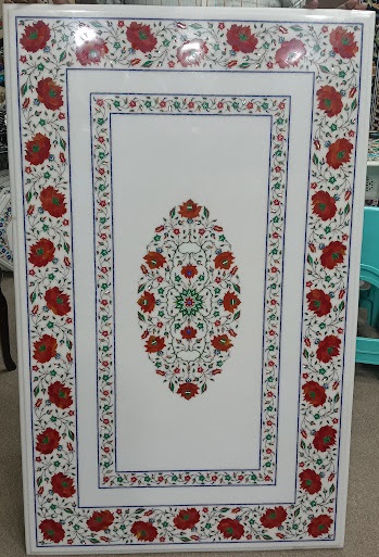 2.5X4 feet Rectangle White Marble Inlay Dining Table
