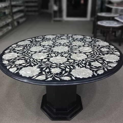 Mop Inlaid Round Black Marble Inlay Coffee & Dining Table