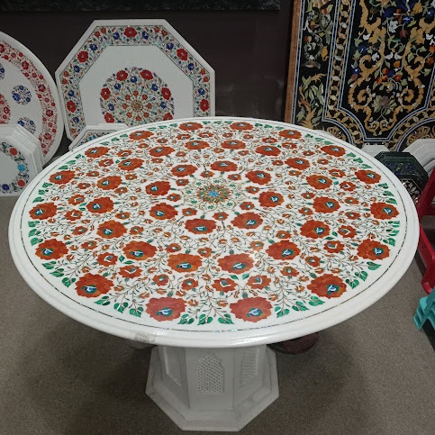 36 Inch Round Marble Inlay Dining Table Top with Carnelian