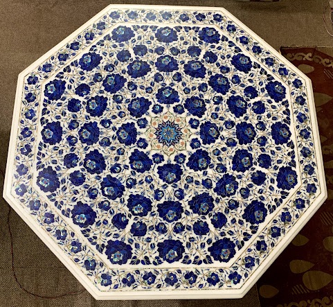 Inlaid Lapis Lazuli White Marble Table Top | Lapis Table Top