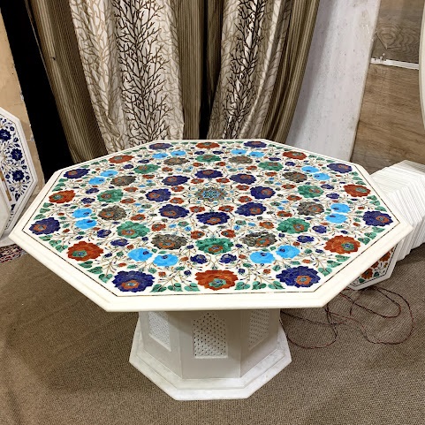 Luxury White Marble Inlay Table Top With Beautiful Intricate Design