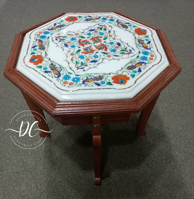 14 Inch White Marble Inlay Table Top – Handmade Pietra Dura Side Table