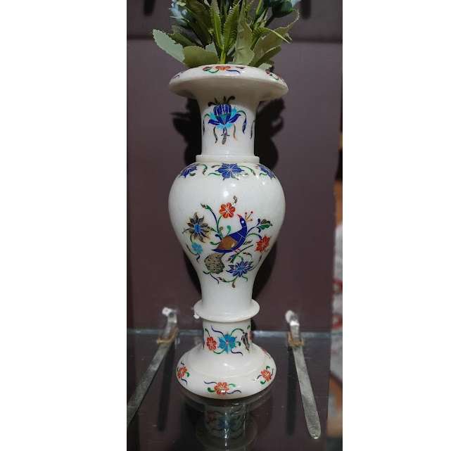 12 Inch White Marble Inlay Vase for Home Decor alternate view