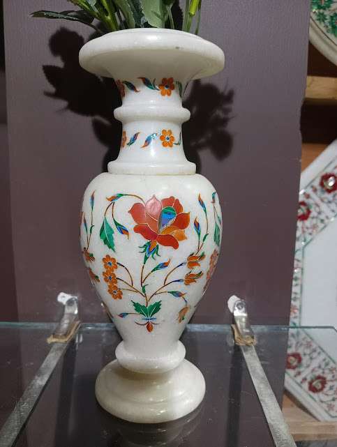 10 Inch White Marble Inlay Vase for Art Collection alternate view