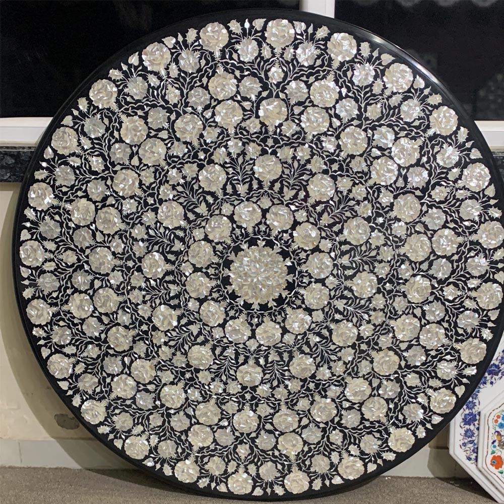 Black Marble Mother of Pearl Inlay Round Dining Table