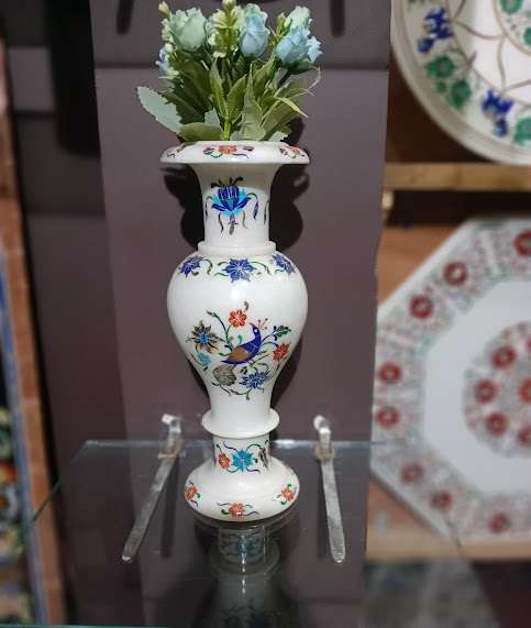 12 Inch White Marble Inlay Vase for Home Decor