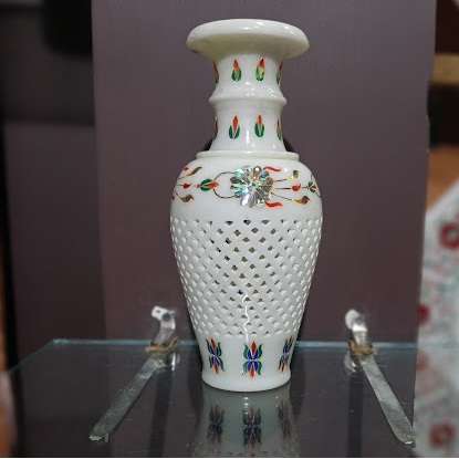 9 Inch White Marble Inlay Vase with Filigree Work