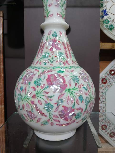 15 Inch White Marble Inlay Art Vase for Home Decor alternate view