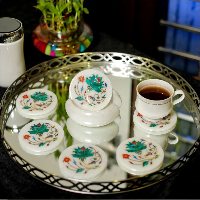 Tree of life pattern Marble Inlay Art Coaster Set of 6 piece| Malachite Coaster Set close detail